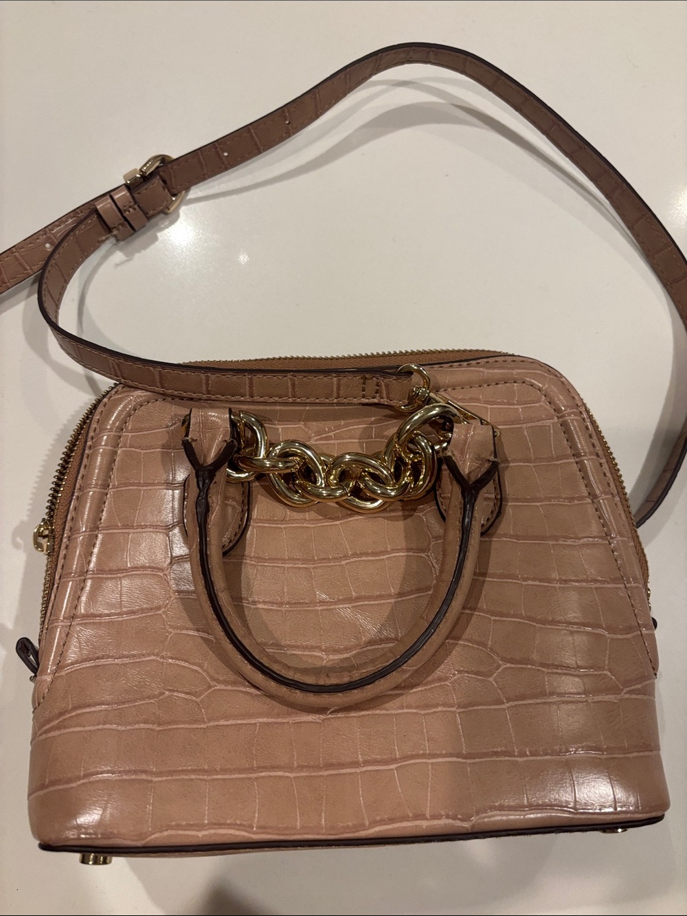 Zara Croc-Embossed Tan Satchel with Gold Chain Handle